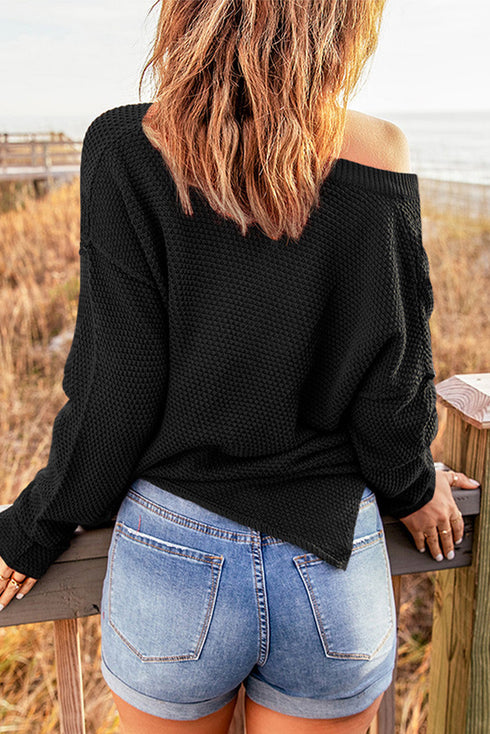 Henley Button Placket Side Slit Drop Shoulder Pullover Knit Sweater